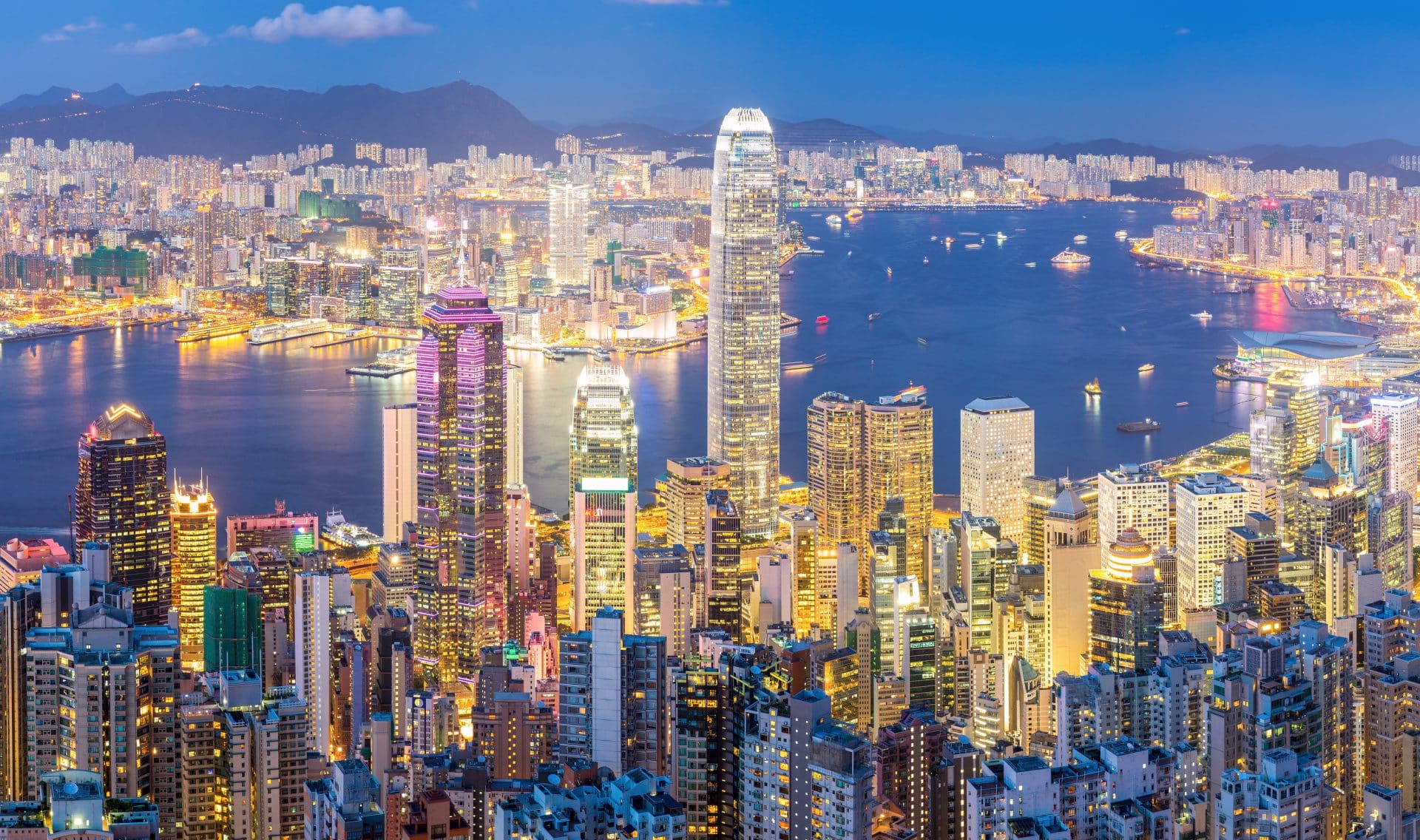 Hong Kong Skyline At Dusk Panorama