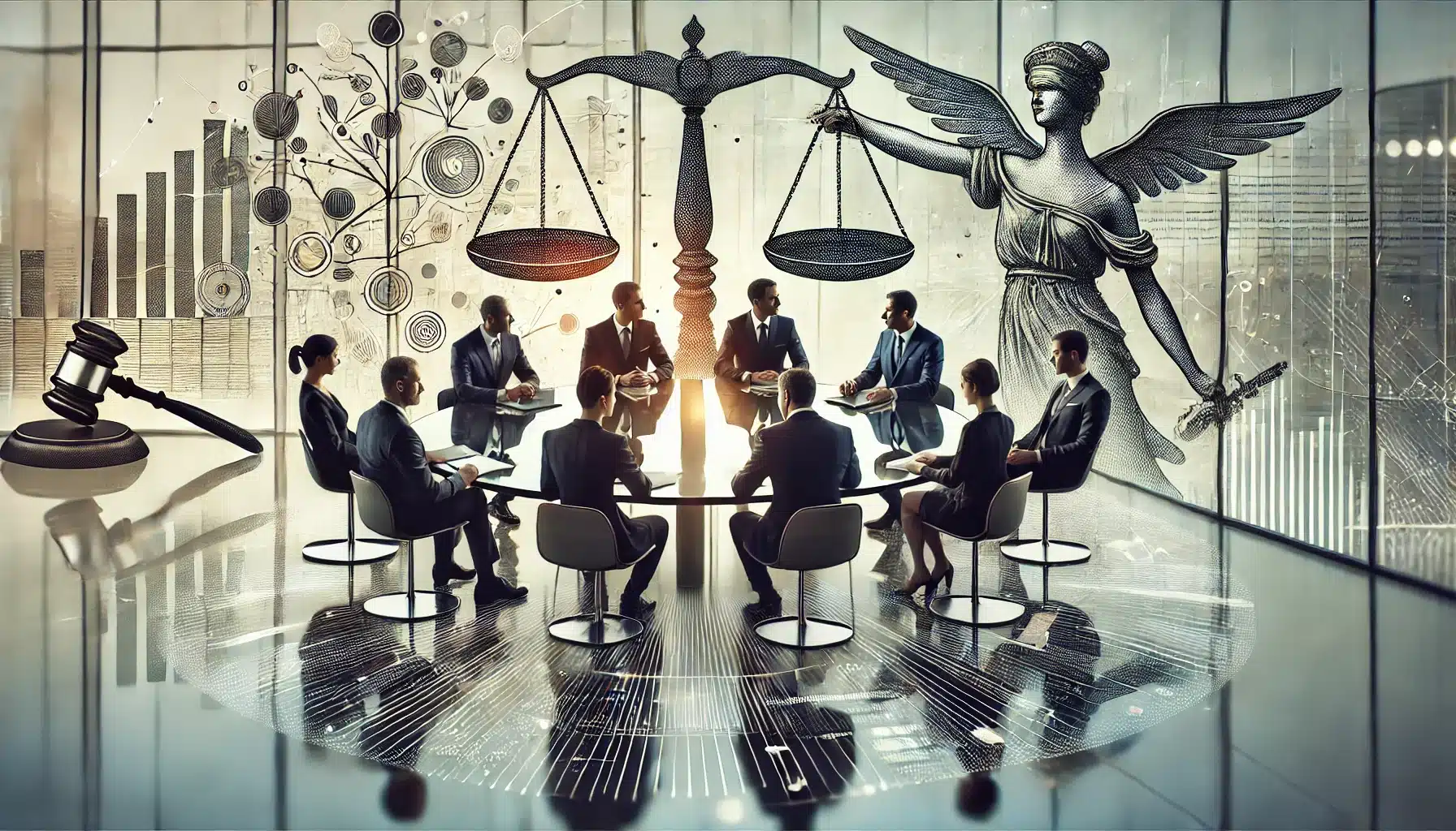 A professional illustration depicting a round table discussion with diverse individuals in business attire, symbolizing arbitration. The background includes abstract scales of justice and faint legal documents, highlighting fairness and structured resolution.