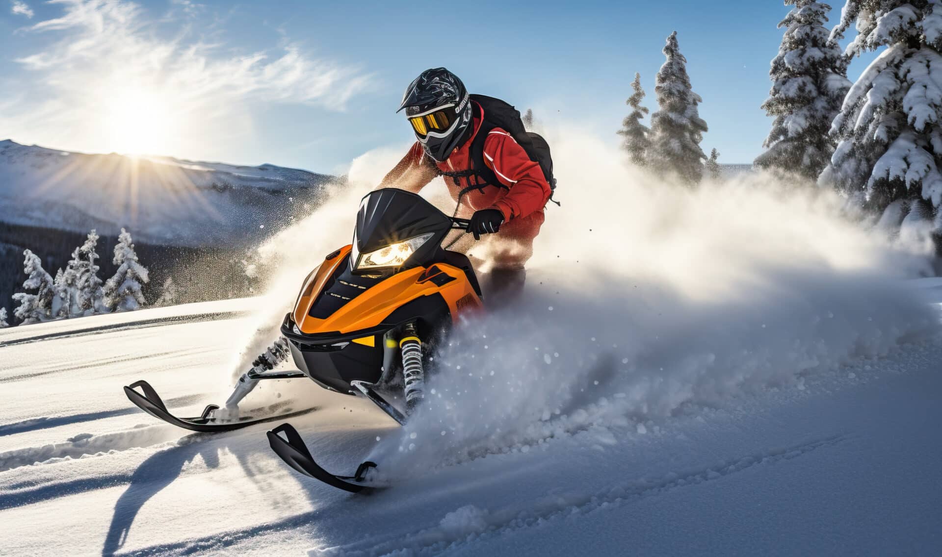 Athlete On A Snowmobile Moving In The Mountains At Sunset.