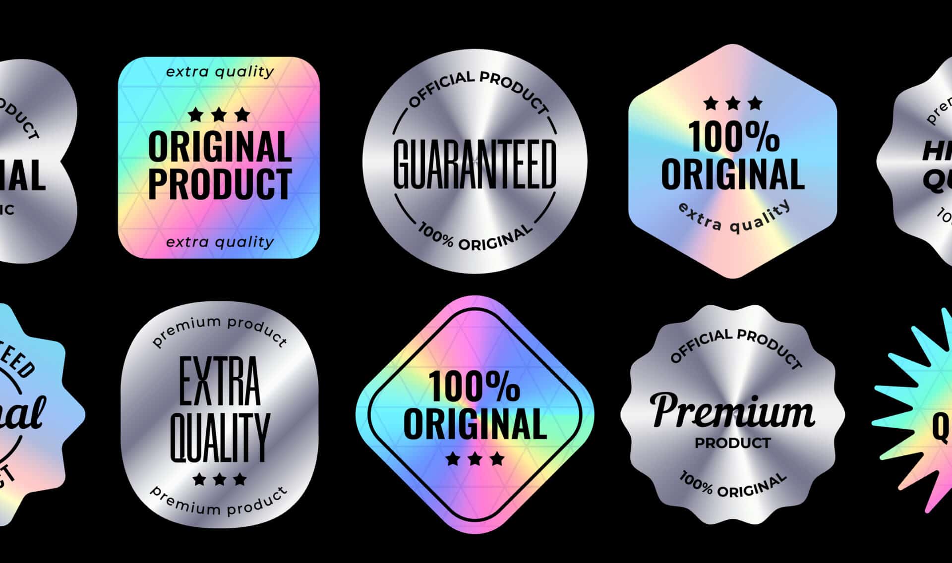 Set Of Holographic Labels. Silver Hologram Stickers Of Different Shapes With Text Stamps. Original Product, Guarantee And Premium Quality. Marketing Labels. Vector Illustration Isolated On Background