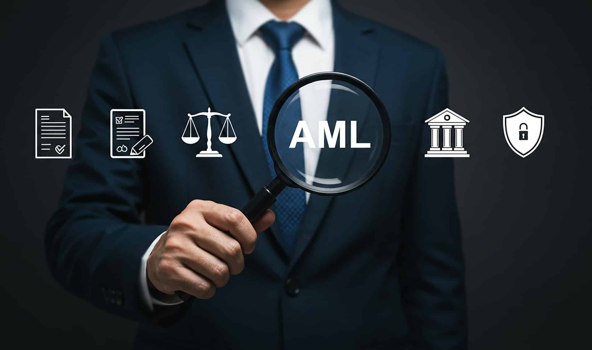 Anti Money Laundering (aml) Concept With Businessman Holding Magnifying Glass And Compliance Icons
